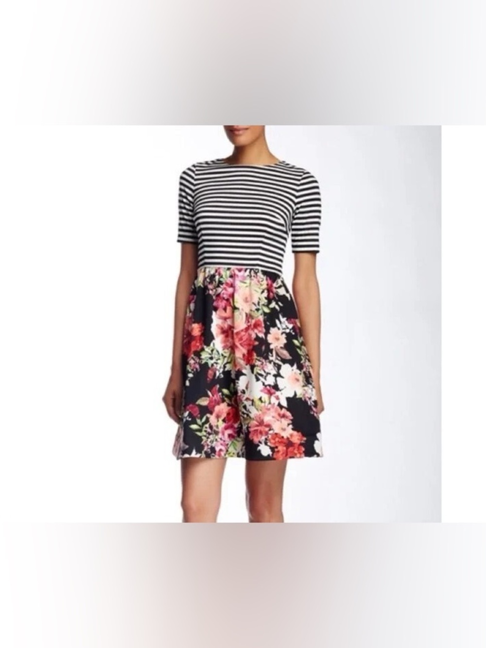 J Howard Womens Striped Floral Fit and Flare Dress Black White Multi Size 12